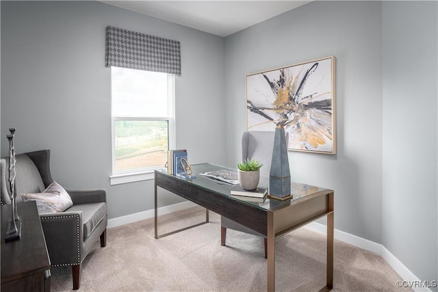 home office with light colored carpet