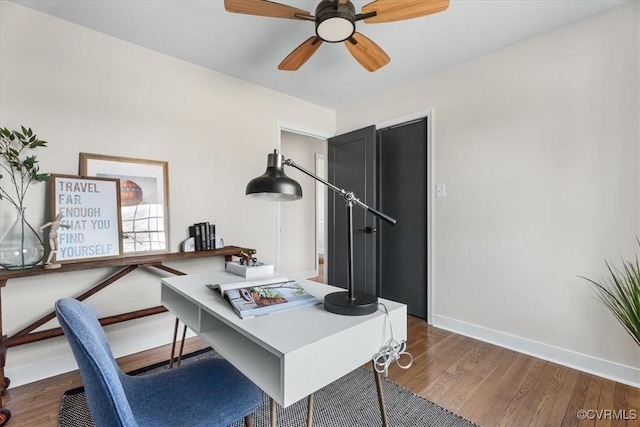 home office featuring dark hardwood / wood-style floors and ceiling fan