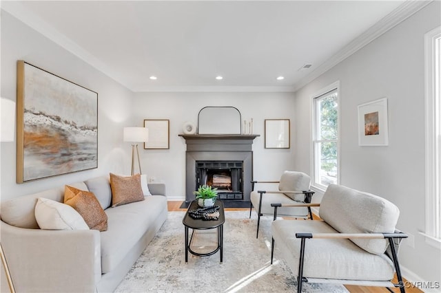 living room featuring light hardwood / wood-style floors and crown molding