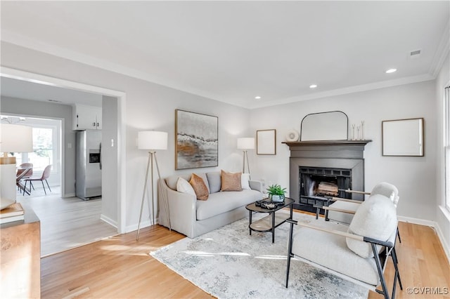 living room featuring crown molding and light wood-type flooring