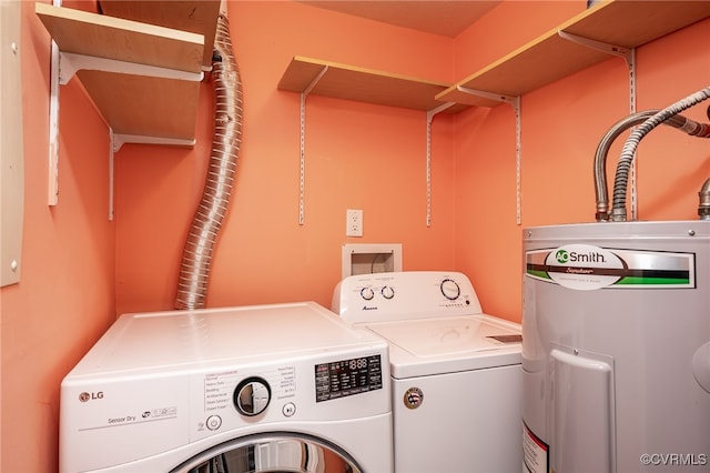 washroom featuring water heater and washer and clothes dryer