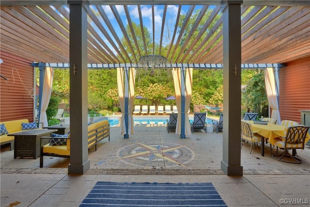 view of patio / terrace with outdoor lounge area, an outdoor pool, a pergola, and outdoor dining space