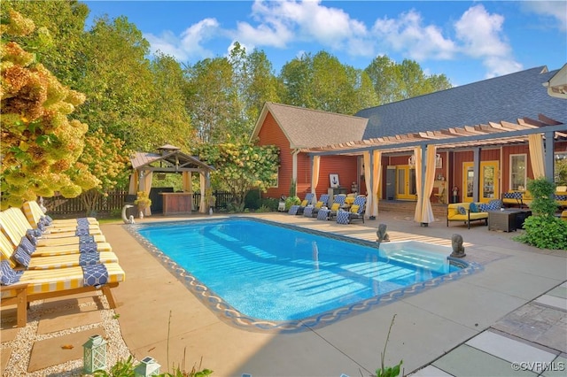 view of swimming pool featuring a fenced in pool, an outdoor living space, a gazebo, and a pergola