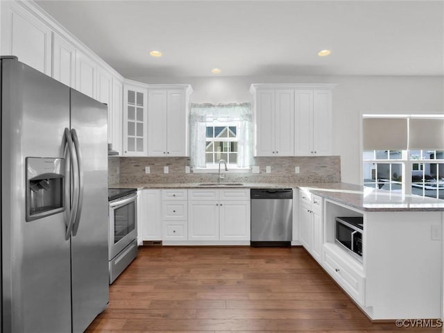 kitchen featuring appliances with stainless steel finishes, white cabinets, sink, kitchen peninsula, and backsplash