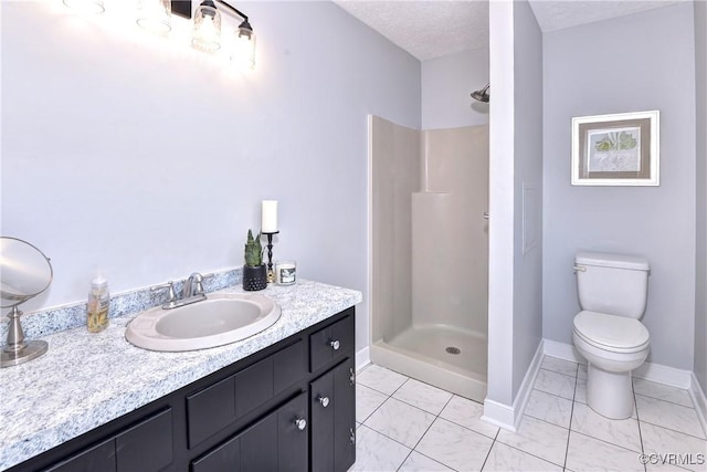 bathroom featuring a textured ceiling, tile patterned flooring, vanity, a shower, and toilet