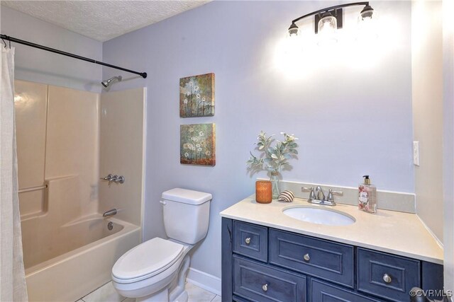 full bathroom with a textured ceiling, tile patterned floors, vanity, toilet, and shower / bath combo with shower curtain