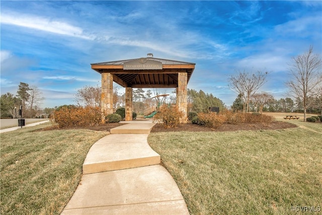 view of community featuring a gazebo and a yard