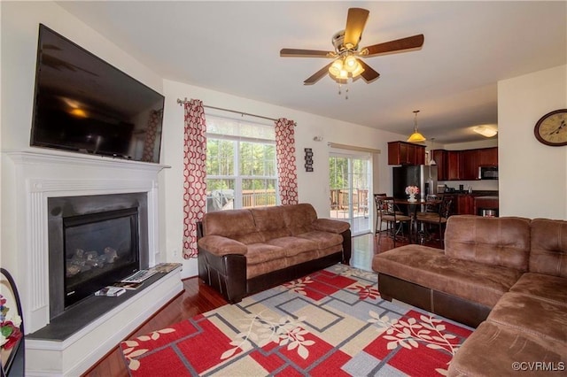 living room featuring dark hardwood / wood-style floors and ceiling fan