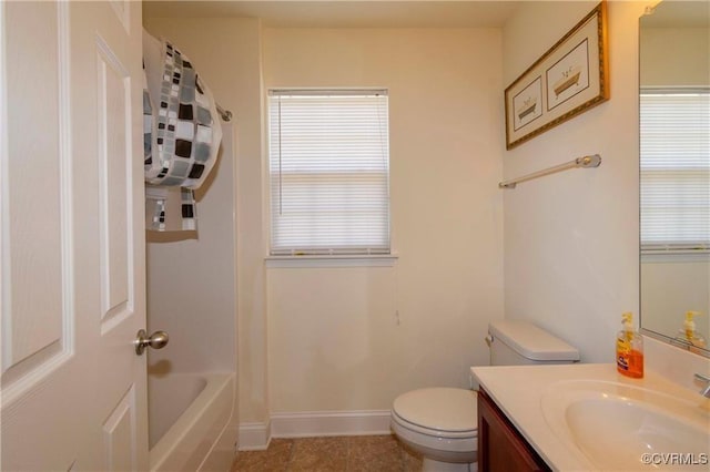 full bathroom with vanity, tile patterned flooring, shower / washtub combination, and toilet