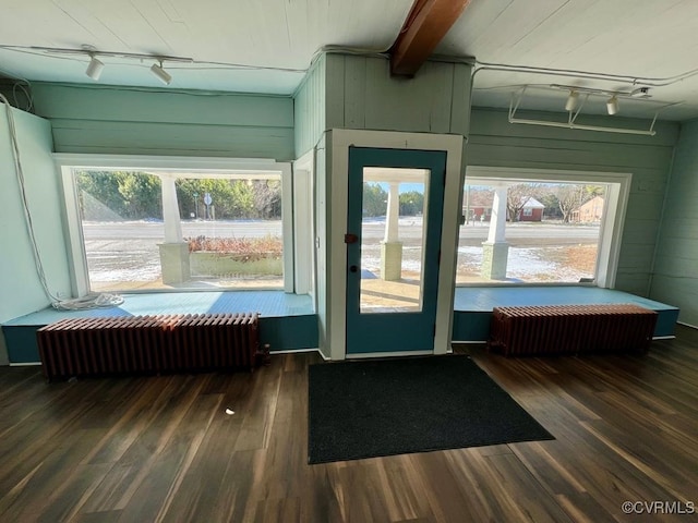 doorway to outside featuring radiator, track lighting, beam ceiling, wood walls, and dark hardwood / wood-style floors