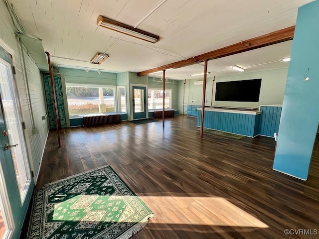 interior space featuring radiator heating unit and dark hardwood / wood-style floors