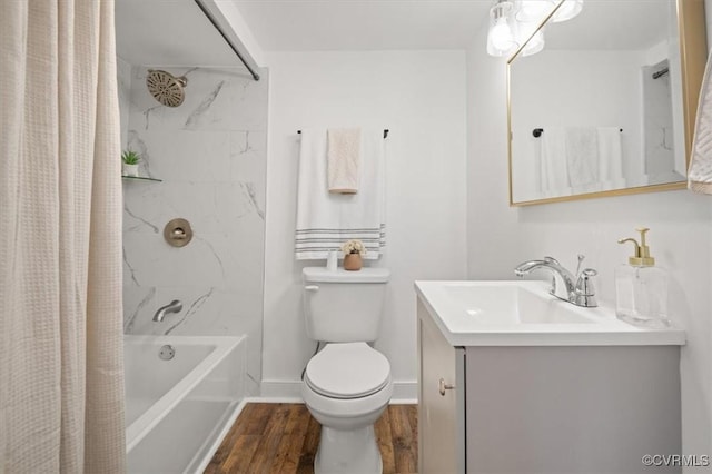 full bathroom featuring hardwood / wood-style flooring, toilet, vanity, and shower / bath combination with curtain