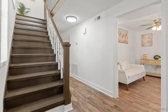 stairs featuring ceiling fan and hardwood / wood-style floors