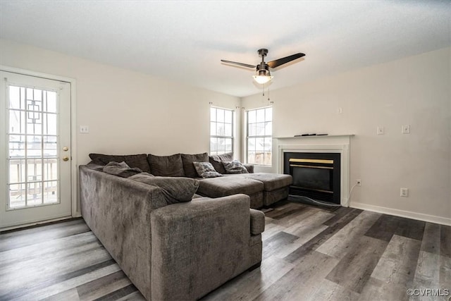 living room featuring ceiling fan and hardwood / wood-style floors