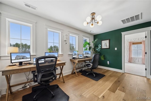 home office featuring light wood-style floors, baseboards, and visible vents