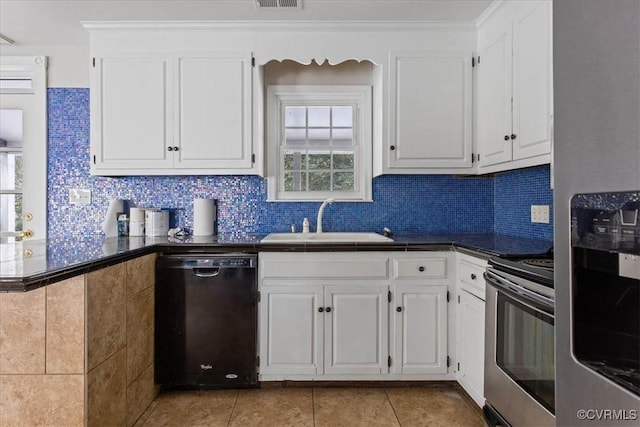 kitchen with stainless steel appliances, sink, white cabinets, and decorative backsplash