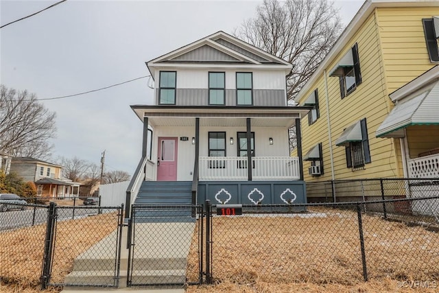 view of front of property featuring a porch and cooling unit