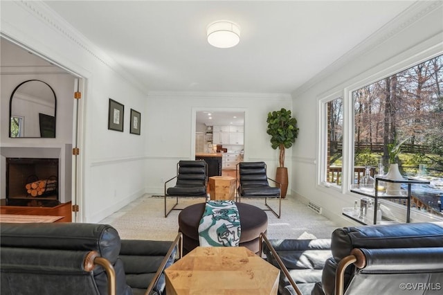 living room with light colored carpet and ornamental molding