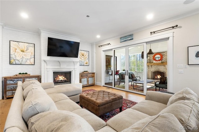 living room featuring ornamental molding and light hardwood / wood-style floors