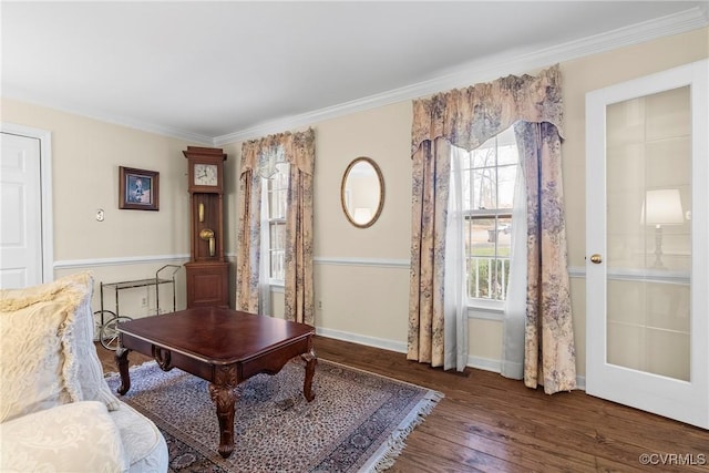 home office with crown molding and dark hardwood / wood-style floors