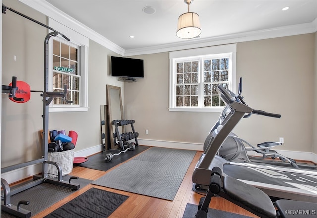 exercise area with crown molding and hardwood / wood-style flooring