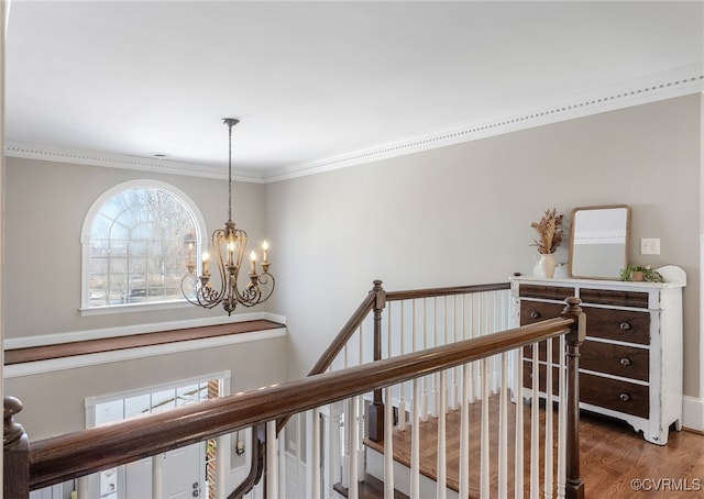 corridor with crown molding, hardwood / wood-style floors, and a notable chandelier