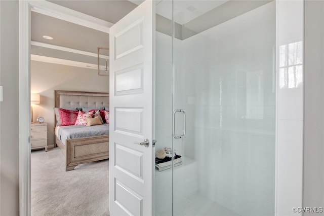 carpeted bedroom featuring ornamental molding