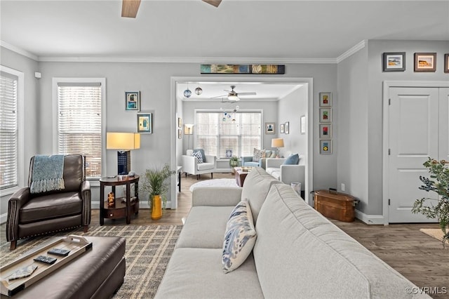 living area featuring ceiling fan, ornamental molding, wood finished floors, and baseboards