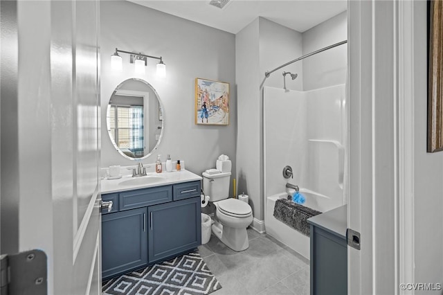 full bathroom featuring bathing tub / shower combination, vanity, toilet, and tile patterned floors