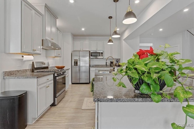 kitchen with under cabinet range hood, a sink, appliances with stainless steel finishes, light wood-type flooring, and a center island with sink