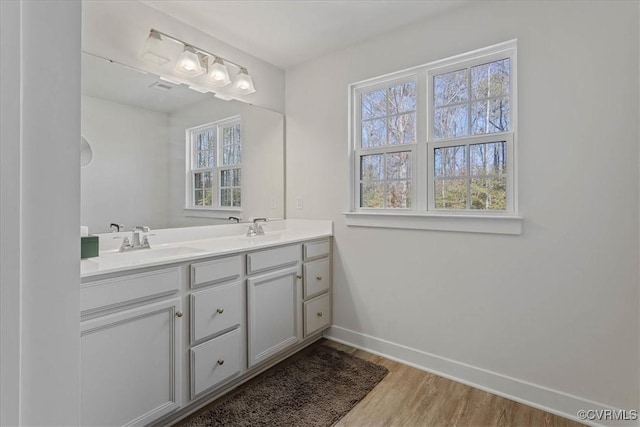 bathroom with a healthy amount of sunlight, baseboards, a sink, and wood finished floors