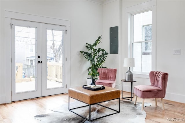 living area featuring french doors, electric panel, and light wood-type flooring