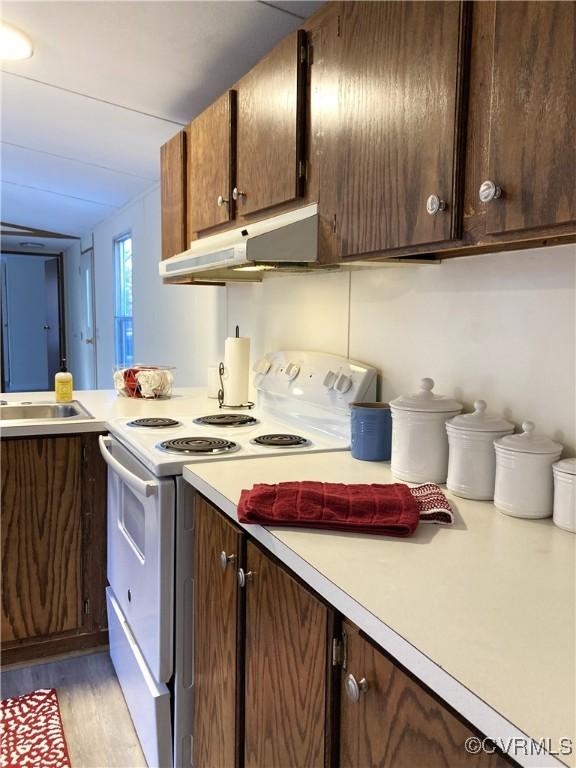 kitchen with white electric stove, sink, dark brown cabinets, and light wood-type flooring