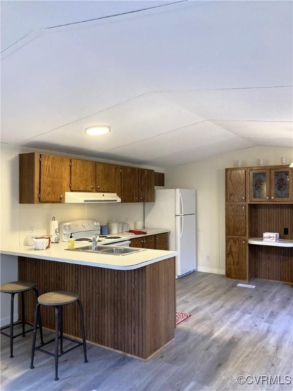 kitchen with wood-type flooring, a kitchen bar, white appliances, and kitchen peninsula