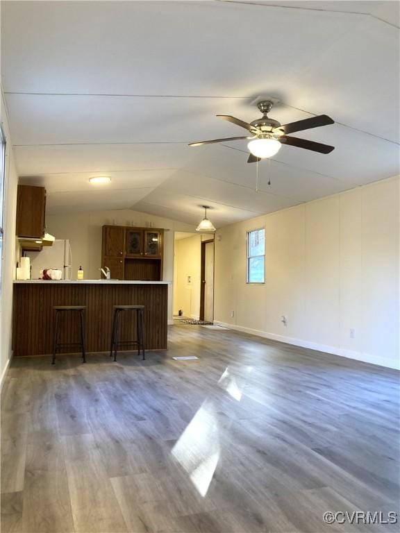 interior space featuring wood-type flooring, ceiling fan, and vaulted ceiling