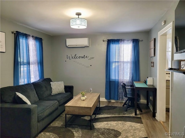 living room with wood-type flooring and a wall mounted AC