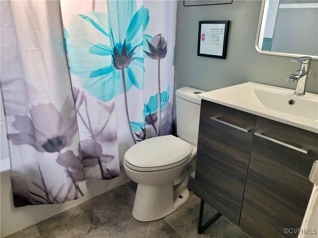 full bathroom with vanity, toilet, and shower / bathtub combination with curtain