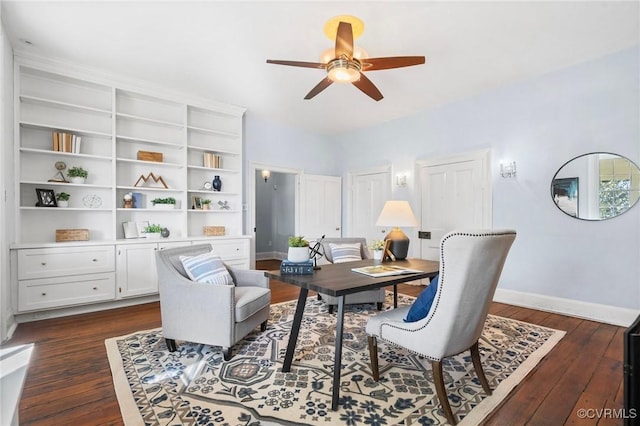 office space with ceiling fan and dark hardwood / wood-style floors