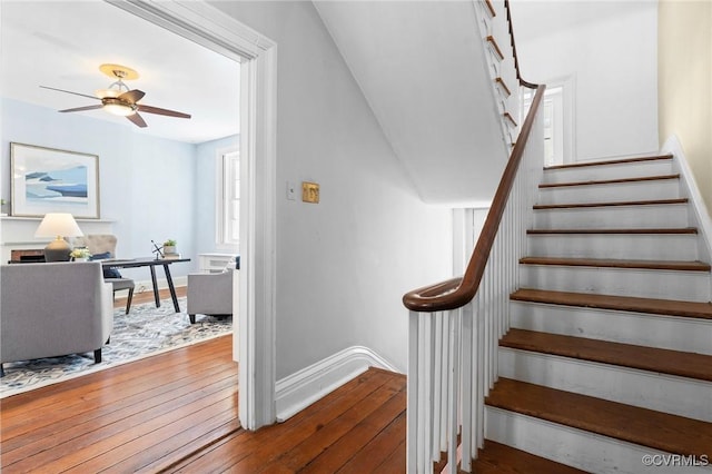 stairs with hardwood / wood-style floors and ceiling fan