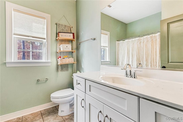 bathroom featuring walk in shower, tile patterned floors, toilet, and vanity