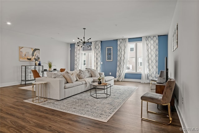 2616 Lassen Walk Unit B, Henrico, VA 23294 - living room featuring baseboards, a notable chandelier, recessed lighting, and dark wood-style floors
