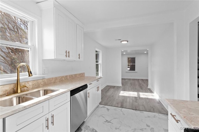 kitchen with white cabinetry, sink, and stainless steel dishwasher