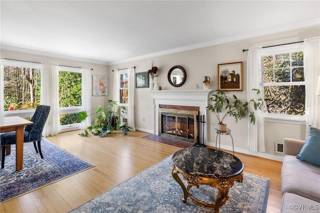 living room featuring crown molding and hardwood / wood-style floors