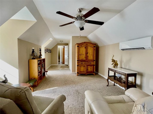 living room featuring ceiling fan, light colored carpet, lofted ceiling, and a wall mounted AC