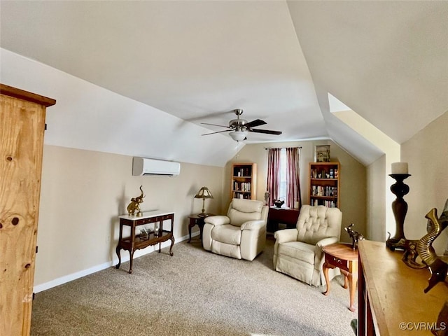 living area with vaulted ceiling, carpet floors, ceiling fan, and a wall unit AC