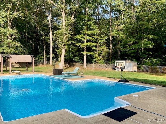 view of pool featuring a yard, a patio area, and a shed