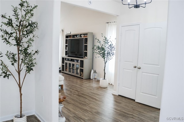 foyer entrance with an inviting chandelier and dark hardwood / wood-style flooring