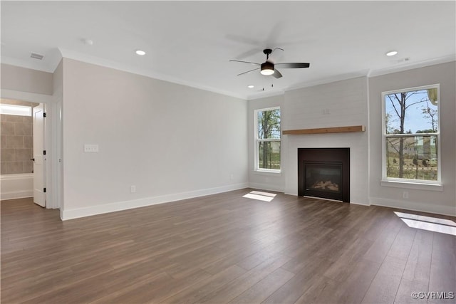 8900 Freebridge Rd, Chesterfield, VA 23832 - unfurnished living room featuring a ceiling fan, dark wood-style floors, a fireplace, baseboards, and crown molding