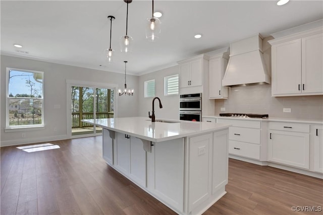 8900 Freebridge Rd, Chesterfield, VA 23832 - kitchen featuring a sink, custom exhaust hood, stainless steel double oven, an island with sink, and light countertops