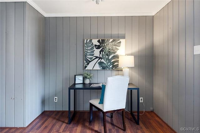 office featuring crown molding and dark wood-type flooring